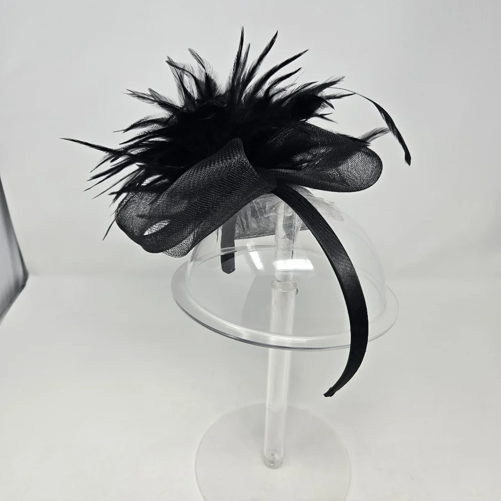 VINTAGE HANDMADE BLACK FASCINATOR HEADBAND HAIR ACCESSORY TULLE FEATHERS WOMEN